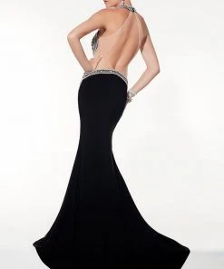 Panoply - 14794 Rhinestone-encrusted Halter Neck Jersey Trumpet Dress