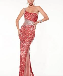 Panoply - 14851 Laced Asymmetrical Sheath Dress Formal Gowns