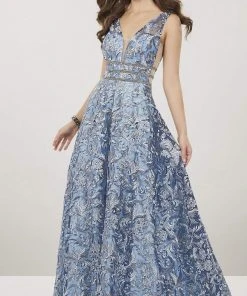 Formal Gowns Panoply - 14918 Embroidered Lace Deep V-neck A-line Dress