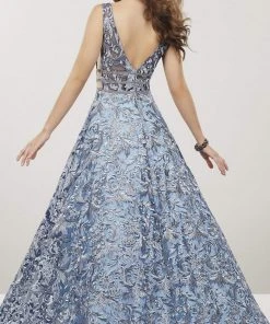 Formal Gowns Panoply - 14918 Embroidered Lace Deep V-neck A-line Dress