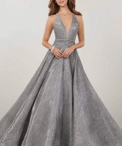 Panoply - 14926 Plunging V-Neck Embellished Ballgown