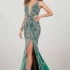 Panoply - 14956 Embellished Deep Halter V-neck Trumpet Dress