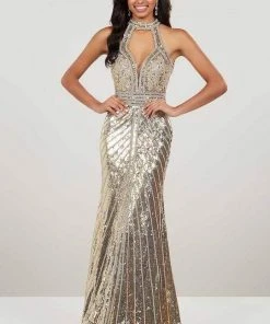 Panoply - 14963 Sequined High Halter Trumpet Dress - 1 Pc Gold/Silver In Size 4 Available Formal Gowns