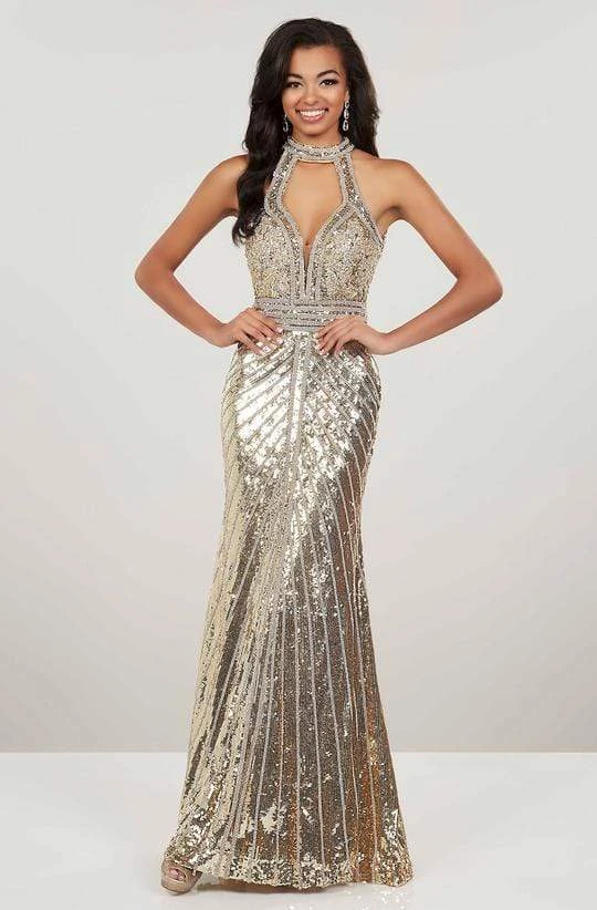 Panoply - 14963 Sequined High Halter Trumpet Dress - 1 Pc Gold/Silver In Size 4 Available Formal Gowns 3 Panoply - 14963 Sequined High Halter Trumpet Dress - 1 Pc Gold/Silver In Size 4 Available Formal Gowns