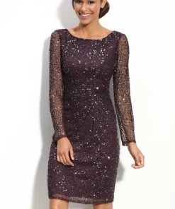 Patra - 11681 Beaded Sheer Long Sleeve Sheath Dress