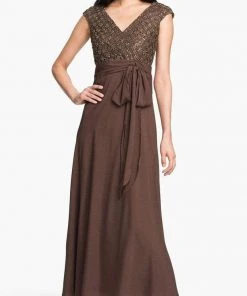 Patra - 12615 Cap Sleeve Gilded Starburst Lace A-Line Gown Formal Gowns