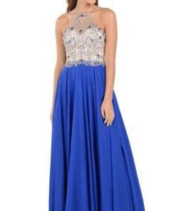 Poly USA - 7826 Jewel Adorned Illusion Halter Chiffon Gown