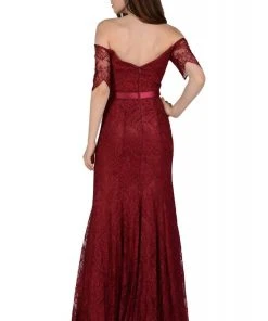 Formal Gowns Poly USA - 8030 Half Sleeve Off Shoulder Lace Trumpet Dress