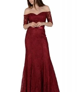 Formal Gowns Poly USA - 8030 Half Sleeve Off Shoulder Lace Trumpet Dress
