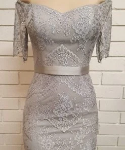 Formal Gowns Poly USA - 8030 Half Sleeve Off Shoulder Lace Trumpet Dress