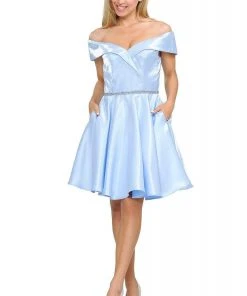 Cocktail Dresses Poly USA - 8238 Surplice Off Shoulder Metallic A-Line Dress