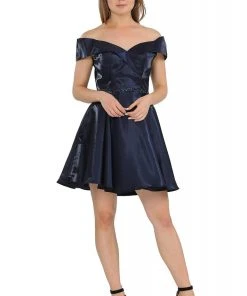 Cocktail Dresses Poly USA - 8238 Surplice Off Shoulder Metallic A-Line Dress