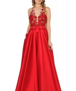 Poly USA - 8316 Embroidered Deep Halter V-neck A-line Gown 17 Poly USA - 8316 Embroidered Deep Halter V-neck A-line Gown