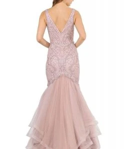 Formal Gowns Poly USA - 8320 Embroidered Deep V-neck Tulle Mermaid Dress 10 Formal Gowns Poly USA - 8320 Embroidered Deep V-neck Tulle Mermaid Dress