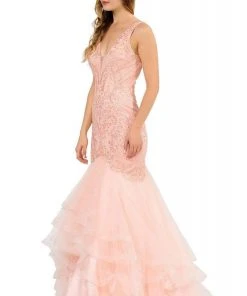 Formal Gowns Poly USA - 8320 Embroidered Deep V-neck Tulle Mermaid Dress 11 Formal Gowns Poly USA - 8320 Embroidered Deep V-neck Tulle Mermaid Dress