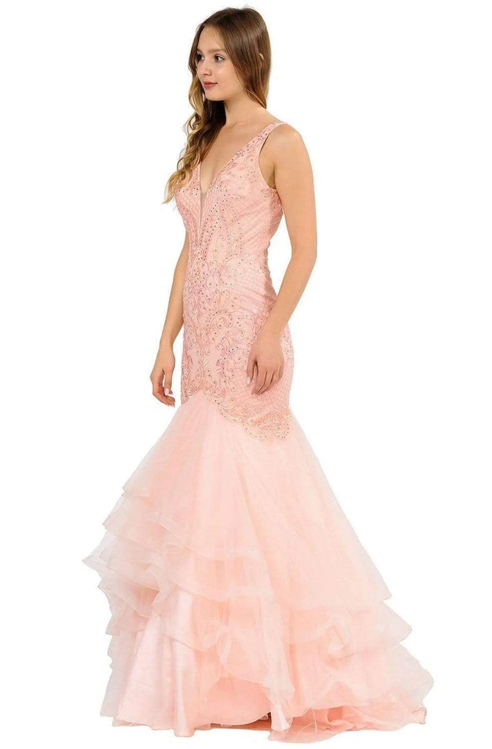Formal Gowns Poly USA - 8320 Embroidered Deep V-neck Tulle Mermaid Dress 6 Formal Gowns Poly USA - 8320 Embroidered Deep V-neck Tulle Mermaid Dress