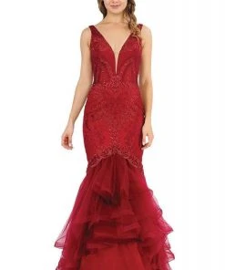 Formal Gowns Poly USA - 8320 Embroidered Deep V-neck Tulle Mermaid Dress 12 Formal Gowns Poly USA - 8320 Embroidered Deep V-neck Tulle Mermaid Dress