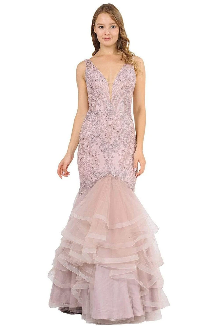 Formal Gowns Poly USA - 8320 Embroidered Deep V-neck Tulle Mermaid Dress 4 Formal Gowns Poly USA - 8320 Embroidered Deep V-neck Tulle Mermaid Dress