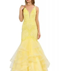 Formal Gowns Poly USA - 8320 Embroidered Deep V-neck Tulle Mermaid Dress 13 Formal Gowns Poly USA - 8320 Embroidered Deep V-neck Tulle Mermaid Dress