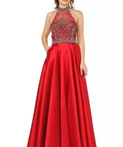 Formal Gowns Poly USA - 8344 Bedazzled High Halter A-line Gown