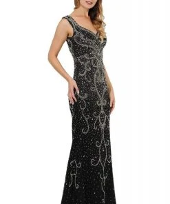 Poly USA - 8362 Bedazzled V-neck Long Trumpet Dress