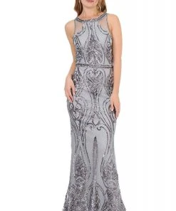 Formal Gowns Poly USA - 8438 Sequined Halter Neck Trumpet Dress