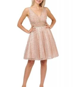 Poly USA - 8444 Sequined Deep V-neck A-line Cocktail Dress Cocktail Dresses