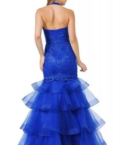 Poly USA - 8466 Embroidered Plunging Halter Trumpet Dress 13 Poly USA - 8466 Embroidered Plunging Halter Trumpet Dress