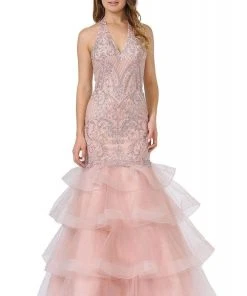 Poly USA - 8466 Embroidered Plunging Halter Trumpet Dress 10 Poly USA - 8466 Embroidered Plunging Halter Trumpet Dress