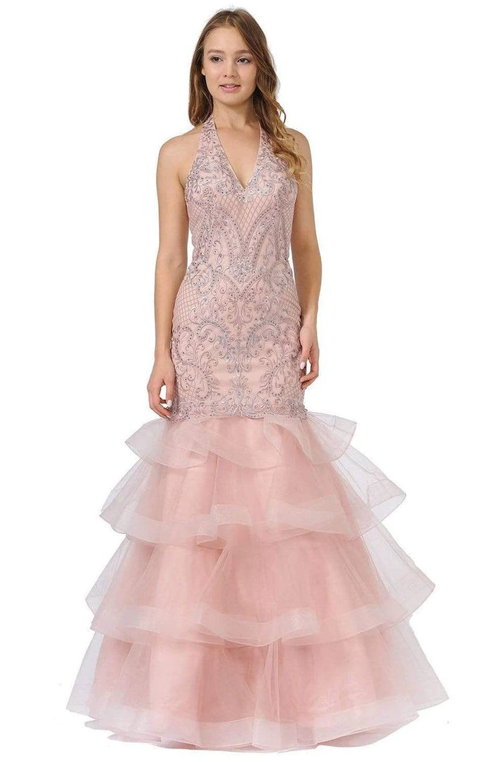 Poly USA - 8466 Embroidered Plunging Halter Trumpet Dress 5 Poly USA - 8466 Embroidered Plunging Halter Trumpet Dress