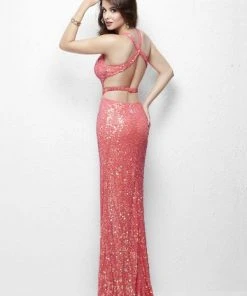 Primavera Couture - 1131 Sequined Long Gown With Slit Formal Gowns
