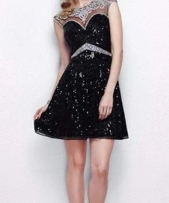 Primavera Couture - 1312 Cap Sleeve Sequined Mini Dress Cocktail Dresses