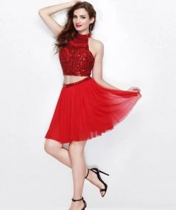 Cocktail Dresses Primavera Couture - 1315 Beaded Halter Neck Two-Piece Dress - 1 Pc Red In Size 6 Available