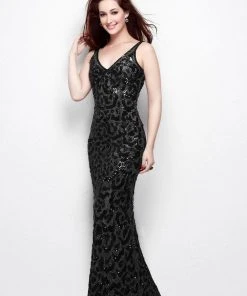 Primavera Couture - 1414 Sequined V-Neck Sheath Gown