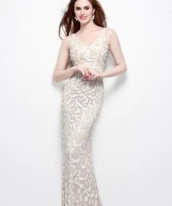 Primavera Couture - 1414 Sequined V-Neck Sheath Gown
