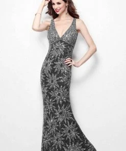 Primavera Couture - 1417 V Neck Sequined Embellished Long Gown Formal Gowns