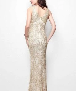 Primavera Couture - 1417 V Neck Sequined Embellished Long Gown Formal Gowns