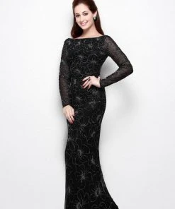 Primavera Couture - 1438 Floral Ornate Long Sleeve Gown