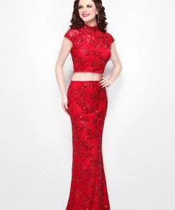 Primavera Couture - 1506 Laced Illusion High Neck Sheath Dress Formal Gowns