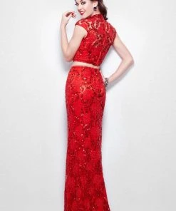 Primavera Couture - 1506 Laced Illusion High Neck Sheath Dress Formal Gowns