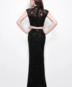 Primavera Couture - 1506 Laced Illusion High Neck Sheath Dress Formal Gowns
