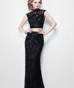 Primavera Couture - 1506 Laced Illusion High Neck Sheath Dress Formal Gowns