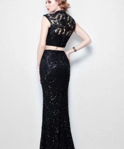 Primavera Couture - 1506 Laced Illusion High Neck Sheath Dress Formal Gowns
