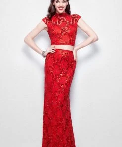 Primavera Couture - 1506 Laced Illusion High Neck Sheath Dress Formal Gowns