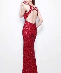 Primavera Couture - 1507 Sequined V Neck Empire Long Gown With Slit