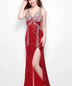 Formal Gowns Primavera Couture - 1575 Sequined V-Neck Sheath Dress