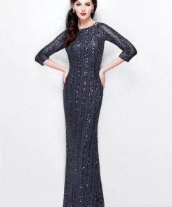 Primavera Couture - 1719 Sheer Quarter Sleeve Embellished Evening Gown - 1 Pc Charcoal In Size 2 Available Formal Gowns