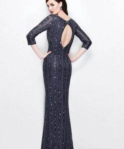 Primavera Couture - 1719 Sheer Quarter Sleeve Embellished Evening Gown - 1 Pc Charcoal In Size 2 Available Formal Gowns