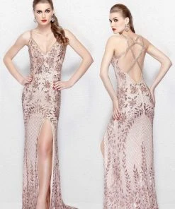 Primavera Couture - 1844 Sequined Foliage Sheath Gown Formal Gowns