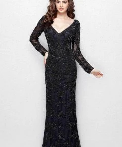 Primavera Couture - 1971 Embellished Long Beaded V-Neck Evening Dress Formal Gowns